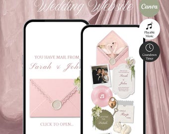 Blush roze en saliegroene bloemen trouwwebsite met RSVP, muziek, afteltimer: bewerkbaar canva-ontwerp (digitale download)