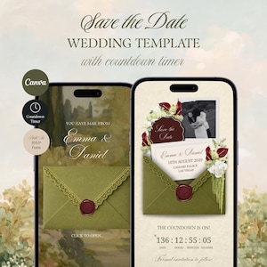 Könnte beinhalten: Eine digitale Hochzeits-Save-the-Date-Vorlage auf zwei Smartphones. Das Design zeigt einen olivgrünen Umschlag mit Spitzenbesatz und Wachssiegel, Blumenakzenten, einem Fotoplatzhalter und einem Countdown-Timer mit 136 verbleibenden Tagen.