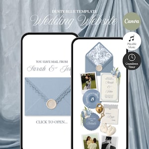 Página web de boda con temática floral azul empolvado, con confirmación de asistencia, música y temporizador de cuenta regresiva: diseño editable en Canva (descarga digital).