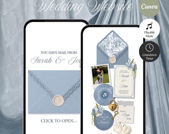 Stoffige blauwe bloementrouwwebsite met RSVP, muziek, afteltimer: bewerkbaar canva-ontwerp (digitale download)