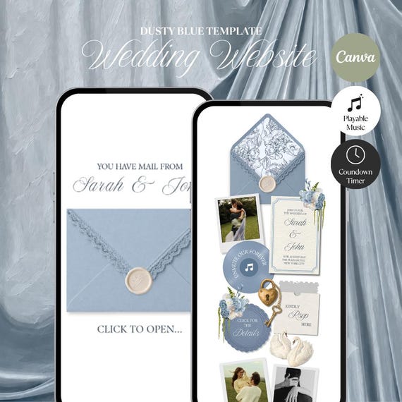 Dusty Blue Floral Wedding Website w/ RSVP, Music, Countdown Timer: Editable Canva Design (Digital Download)