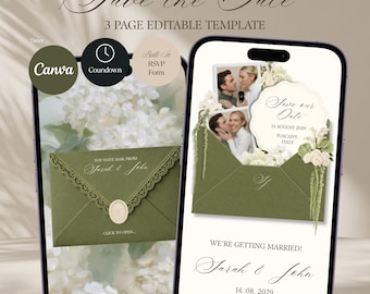 Olijfgroene ivoorkleurige bloemen Save the Date trouwwebsite, bewerkbaar Canva-ontwerp (digitale download)