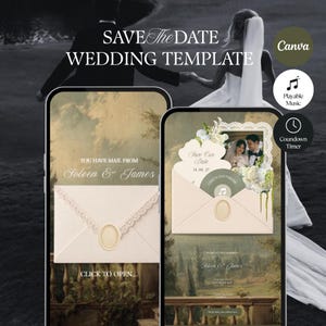 May include: A digital wedding save the date template displayed on two smartphones. The screens show an envelope with a wax seal, floral accents, and the text "SAVE THE DATE WEDDING TEMPLATE," "YOU HAVE MAIL FROM SOLEEN & JAMES," and "CLICK TO OPEN."