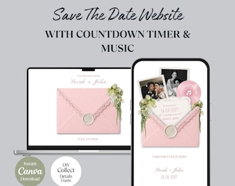 Bewaar-de-datumsjabloon | Blush salie groene bloemen trouwwebsite met RSVP, muziek, afteltimer: bewerkbaar canva-ontwerp (digitale download)