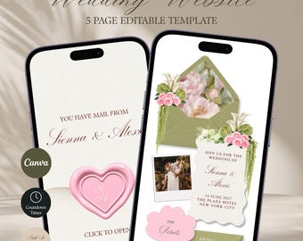 Roze en groene trouwwebsite-template met RSVP | Klassieke bloemenprint, bewerkbaar Canva-bestand (digitale download)