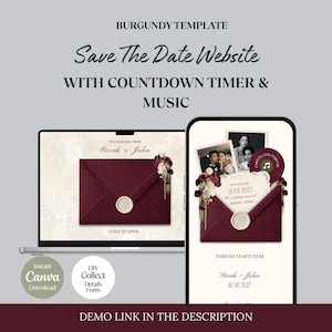 May include: A digital wedding invitation template on a laptop and smartphone. The design features a burgundy envelope with floral accents and a wax seal. Text includes "Save The Date Website" and "Sarah & John 14.08.2027".