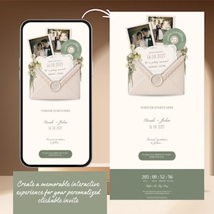 May include: Digital wedding invitation design featuring a cream-colored envelope with a photo and floral accents. The invitation includes the date 14.08.2027 and the names Sarah & John. The design is displayed on a smartphone and a larger format.