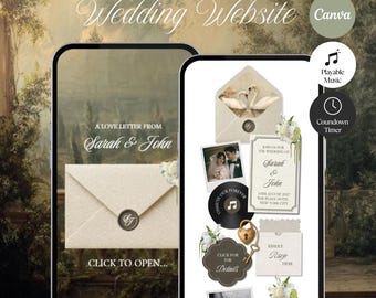 Old Money Floral-trouwwebsite met RSVP, muziek, afteltimer: bewerkbaar canva-ontwerp (digitale download)