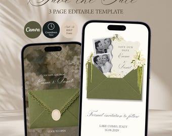 Trouwwebsite met Save the Date-functie en RSVP-mogelijkheid in olijfgroen-ivoorkleurige bloemenprint, bewerkbaar Canva-ontwerp (digitale download) (digitale download)