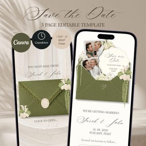 May include: A digital Save the Date template displayed on two smartphones, featuring an olive green envelope with lace trim, floral accents, and photos of a couple. Text includes Save the Date, 3 PAGE EDITABLE TEMPLATE, Sarah & John, and Tuscany, Italy.