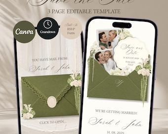 Ivoor olijfgroene bloemen Save the Date trouwwebsite template | Canva (digitale download)