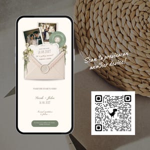 May include: A smartphone displays a wedding invitation design. The design features a cream-colored envelope with a lace trim, two photos, and the text "SAVE OUR DATE 14.08.2027 SARAH + JOHN." The words "FOREVER STARTS HERE" are also visible.