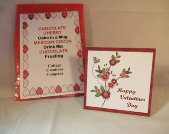 Valentine Cake in a Mug Pack Chocolate Cherry, Mexican Cocoa, Chocolate Frosting with Card