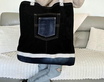 Borsa tote in denim con tracolla e tasche, regalo per gli amanti del denim