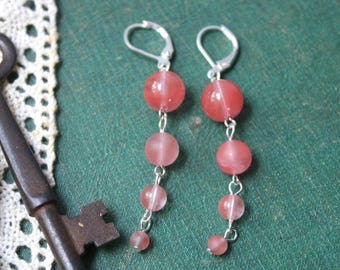 Cherry Quartz Earrings - pink stone beaded jewelry, simple, sweet, matte and shiny
