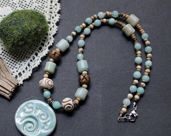 Grow Beaded Necklace - ceramic pendant; amazonite, wood, & bone beads; summery, handmade jewelry