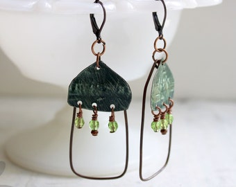 Moroccan Mushroom Earrings - upcycled tin, green, copper, beads, dangles, distressed, aged, darkened, unique, OOAK, handmade, recycled