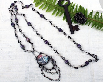 Gypsy Layers Necklace - violet beads, beaded chain, soldered pendant, long necklace, gel printed, alcohol inks, boho, unique, mixed media