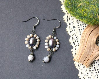 Gray Wrap Earrings - beaded jewelry, freshwater pearls, glass beads, gunmetal dark wire, neutral, everyday