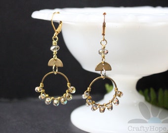 Wrapped Sparkle Earrings - Czech glass beads, raw brass, ring, beaded, sparkly, golden, pretty jewelry, handmade