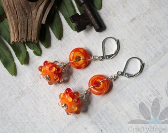 Orange Lampwork Earrings - handmade glass beads, bright orange red, silver wire, simple pop of color, jewelry, bumpy beads