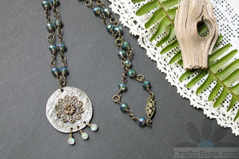 Filigree Sparkle Necklace soldered filigree pendant, grungy resin opals, sparkly glass beads, antiques brass, handmade jewelry image 10