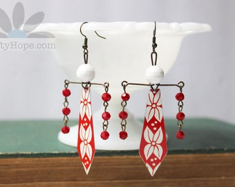 Red Dagger Earrings - upcycled vintage tin, red beads, white beads, antiqued brass wire, lightweight, unique design, handmade jewelry