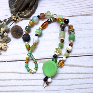 Double Stand Greens Bracelet - beaded, button & loop closure, mixed beads, browns, handmade jewelry
