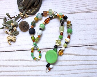 Double Stand Greens Bracelet - beaded, button & loop closure, mixed beads, browns, handmade jewelry