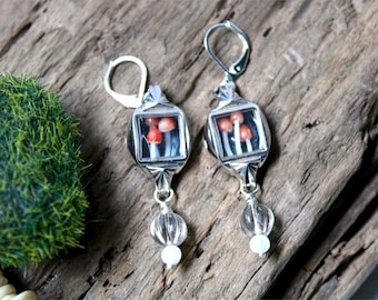 Mushroom Shadowbox Earrings - mini assemblage, handmade, silver, watch part, OOAK, bead dangles