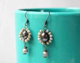 Gray Wrap Earrings - beaded jewelry, freshwater pearls, glass beads, gunmetal dark wire, neutral, everyday