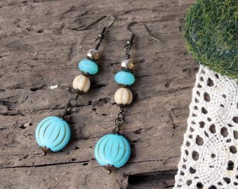 Sandy Shores Earrings - light blue, pale tan, antiqued brass wire, handmade beaded jewelry