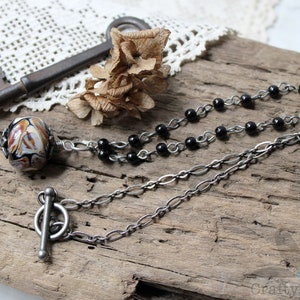 Simple Lampwork Necklace Handmade glass bead, neutral colors, rosary chain, black glass pearls antiqued silver chain, toggle clasp, simple image 2