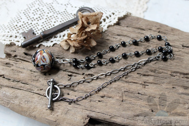 Simple Lampwork Necklace Handmade glass bead, neutral colors, rosary chain, black glass pearls antiqued silver chain, toggle clasp, simple image 2