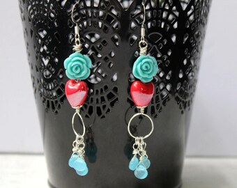 Hearts and Flowers Earrings - beaded, aqua, red, roses, sparkle, teardrops, silver wire, handmade jewelry
