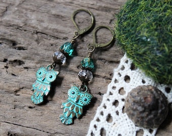 Brassy Blue Owl Earrings - patina charms, glass beads, antiqued brass findings, cute handmade earrings