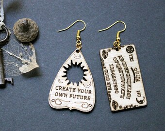 Single Ouija and Planchette Earrings - laser cut Baltic birch, spirit board, spooky season, halloween jewelry