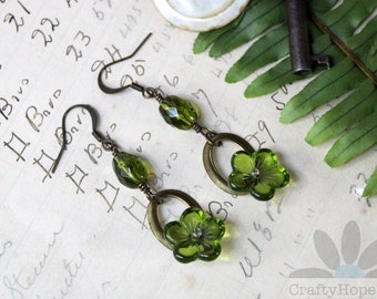 Green Flower Earrings - upcycled brass ring, glass bloom, olive green, beaded, handmade jewelry