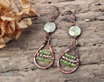 Twisted Copper Drop Earrings - darkened copper wire, handmade, wirework, beaded, green crystals, freshwater pearls, OOAK, unique, boho