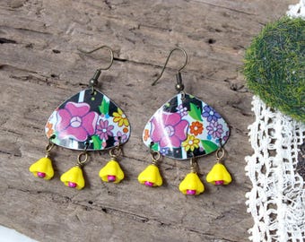 Flowery Drop Earrings - upcycled tin, glass beads, floral, bright colors, handmade jewelry