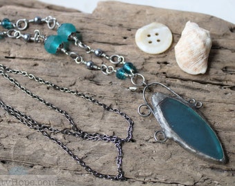 Teal Soldered Necklace - cultured sea glass marquis pendant, frosted glass, gray pearls gunmetal, antiqued silver, long chain, handmade