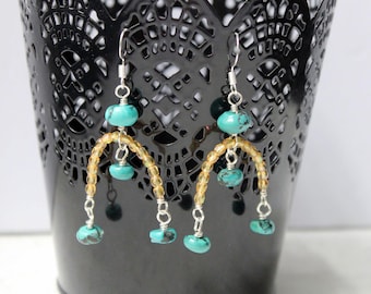 Arch Earrings - turquoise, golden glass, beaded, silver plated, handmade jewelry, lots of movement