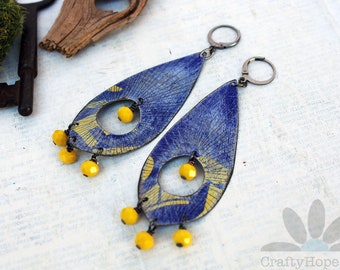 Industrial Blue Earrings - bright yellow, primary blue, boho, repurposed tin, altered art jewelry, handmade, beaded, lightweight
