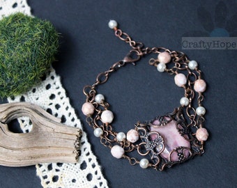 Pink Filigree Bracelet - antiqued copper, white glass pearls, czech glass beads, copper chain, handmade cabochon, filigree wrap, romantic