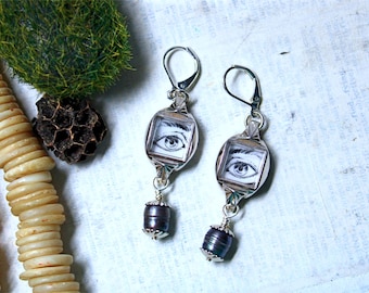Eyes on You Earrings - mini shadowbox jewelry, mixed media, repurposed watch cases, freshwater pearls