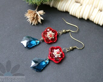 Flower and Crystal Earrings - red, blue, mixed metals, floral, chandelier, jesse james beads, cute, colorful, bright, unique, fun, handmade