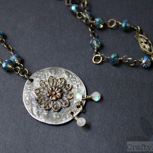 Filigree Sparkle Necklace soldered filigree pendant, grungy resin opals, sparkly glass beads, antiques brass, handmade jewelry image 6