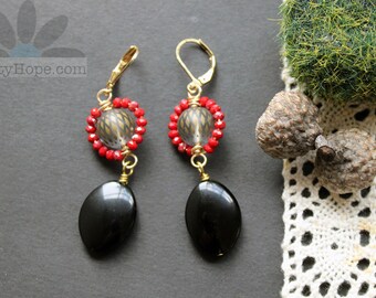 Dressy Boardroom Earrings - red, black, gold, beaded, sparkle, matte, bead wrapped, wirework, casual elegance, pretty, unique, handmade