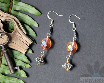 Orange Urchin Earrings - beaded jewelry, tangerine, sparkle, glass beads, metal beads, chain link, jesse james beads