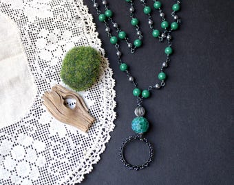 Green & Gunmetal Long Necklace - beaded chain, glass beads, stacked bead and ring pendant,